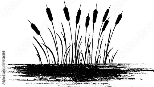 Black and white stencil art of submerged reeds in water for nature designs
