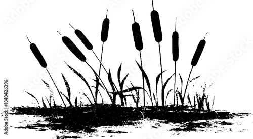 Black and white stencil of submerged reeds in nature design for decor