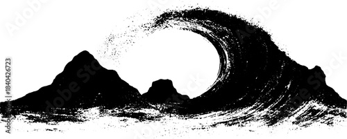 Monochrome stencil art of swirling tide with rugged mountains