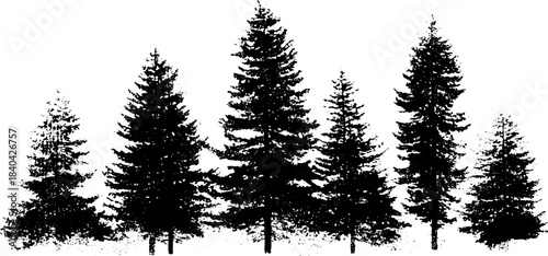 Black and white stencil of alpine fir trees for nature-themed designs and decor