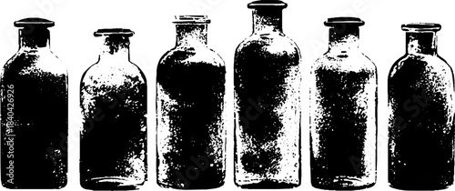 Black and white stencil illustration of vintage frosted glass bottles