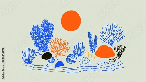 Minimalist underwater scene with blue/orange coral, seaweed, rocks, and orange sun, set against light beige background. Playful aquatic illustration design, ideal for wallpaper, poster, banner
