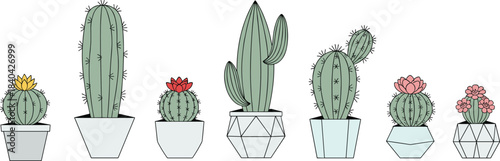 Hand-Drawn Stylized Succulents and Cacti Vector Illustration in Geometric Pots, Perfect for Minimalist Desert Botanical Houseplant Decor and Graphic Design.