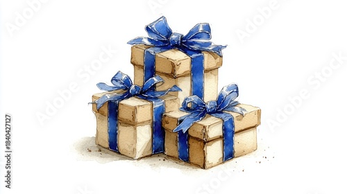 Watercolor-style stacked gift boxes (brown paper) tied with shiny blue ribbons and bows, set against plain white background. Elegant festive present design, ideal for wallpaper, poster, banner