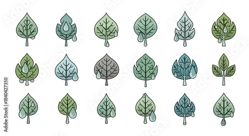 A collection of stylized green leaves with water drops, illustrating nature and environmental concepts.