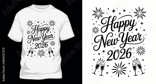 Happy new year 2026 calligraphy greeting vector design featuring champagne glasses and festive fireworks background