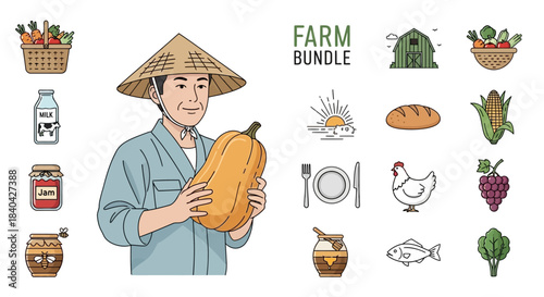A farmer in a conical hat holding a large squash, surrounded by various farm and food-related icons like vegetables, milk, bread, and animals.