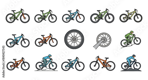 Collection of various mountain bikes, parts, and riders in action, illustrated in a flat design style.
