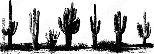 Black and white stencil of tall saguaro cacti in desert silhouette for print or poster design