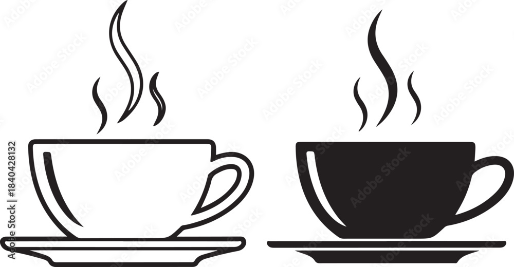 Obraz premium Black Silhouette and Outline Coffee Cups with Steam Side by Side drink