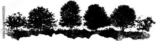 Black and white stencil illustration of thick hedge row landscape for urban art design