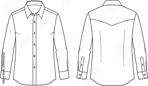 Men's Classic Long-Sleeve Western Style Dress Shirt Technical Fashion Flat Sketch CAD Drawing Vector Illustration, Ready-to-Use Apparel Template