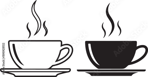Black Silhouette and Outline Coffee Cups with Steam Side by Side drink