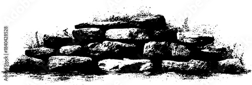Black and white stencil illustration of thick moss blankets on rocks
