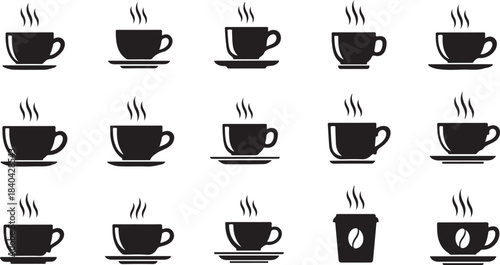 Collection of black coffee cup icons with steam and saucers hot drink beverage