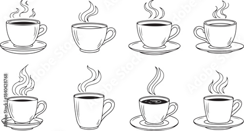 Collection of hand-drawn black and white coffee cups with steam hot drink beverage