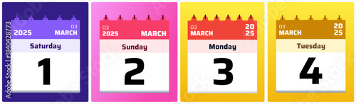 March 2025 daily calendar illustration set with clean flat colors, perfect for planners, reminders, scheduling tools, and productivity visuals. Calendar Dates Set 1, 2, 3, 4 March 2025 