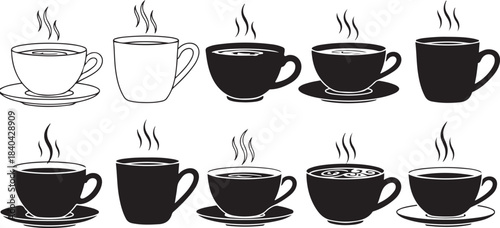 Collection of various black and white coffee cups with steam hot drink beverage