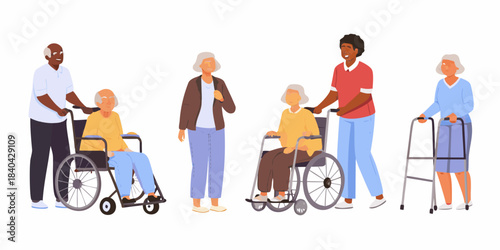 Diverse group of seniors and caregivers assisting with mobility and daily life