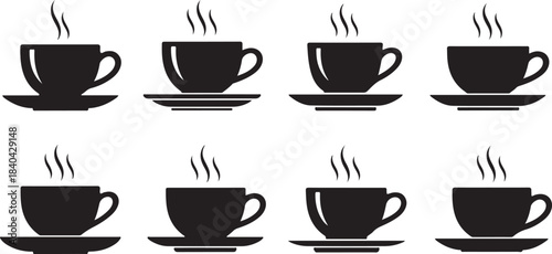 Eight Black Silhouettes of Steaming Coffee Cups and Saucers drink