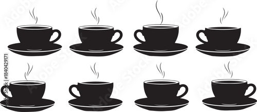 Eight Black Silhouettes of Coffee Cups on Saucers with Steam Keywords: coffee, cup, mug, hot