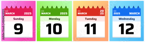 March 2025 daily calendar set with colorful flat date cards, ideal for planners, reminders, scheduling graphics, and modern calendar visuals. Calendar Dates Set 9, 10, 11, 12 March 2025 