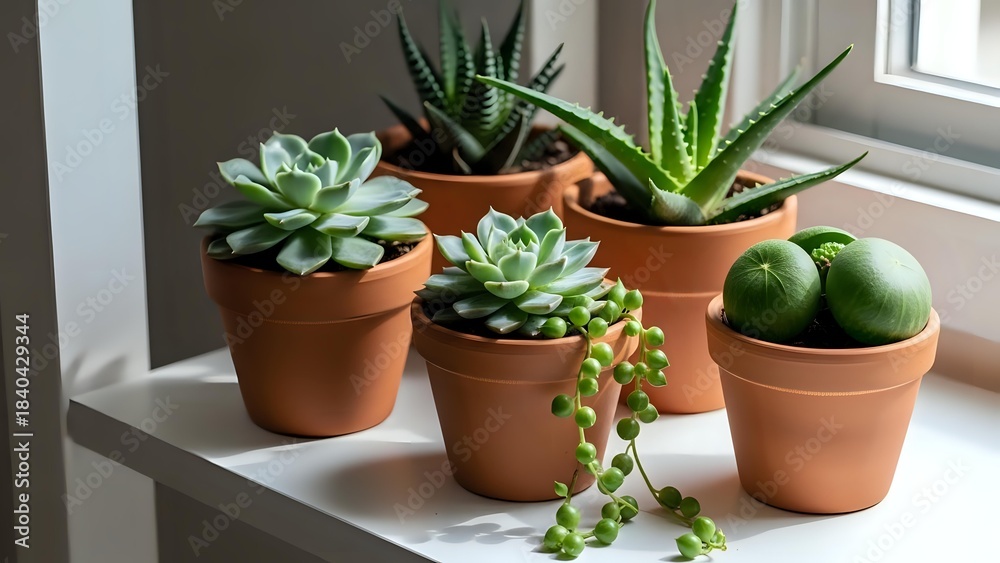 Fototapeta premium Collection of small potted succulents in terracotta pots on windowsill for home decor and indoor gardening projects.