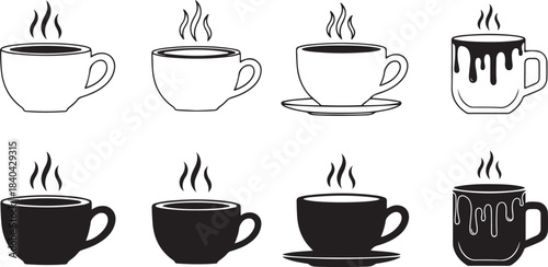 Eight coffee cups with steam and dripping effect Keywords: coffee, cup, hot, drink, beverage