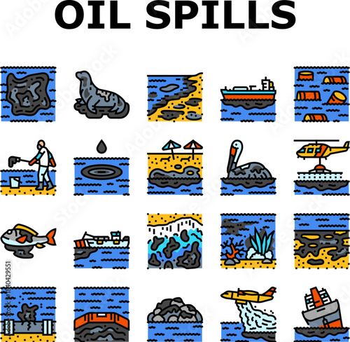 oil spills pollution cleanup icons set vector