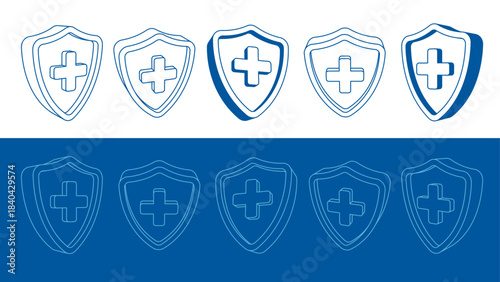 Medical shields features cross symbols. Vector protection icons represent health insurance and safety.