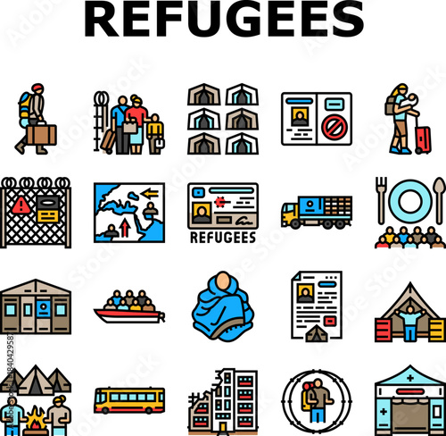 refugees asylum crisis icons set vector