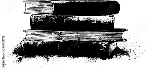 Black and white stencil illustration of three stacked books for artistic decor and design