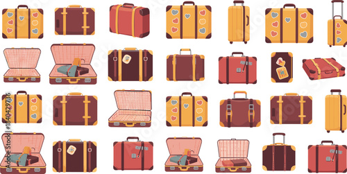 Travel luggage set, vintage suitcases, modern rolling bags, baggage icons, holiday travel gear, suitcase collection, tourism equipment illustration
