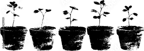 Monochrome stencil art of seedlings sprouting in pots