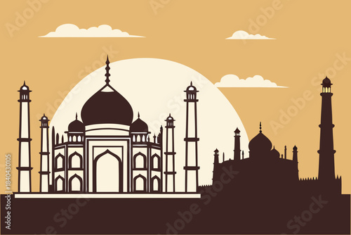 A flat vector illustration depicting a silhouette of the Indian skyline, predominantly featuring the Taj Mahal on the left.