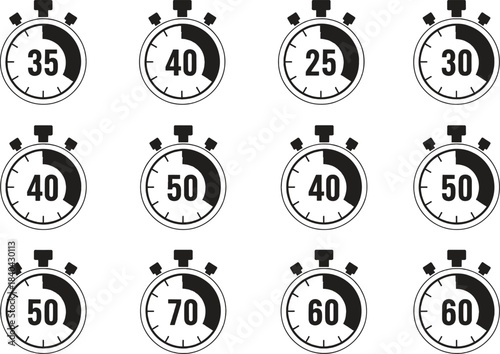 Collection of black and white stopwatch timer icons indicating various time intervals and progress levels for modern design applications