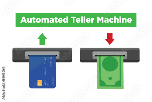 ATM machine with bank credit card and cash slots, credit card, cash services, teller. vector illustration