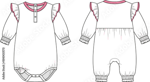 Infant's technical flat sketch of a long-sleeve ruffle trim bodysuit with a henley snap placket and shirred elasticized sleeve cuffs, vector.