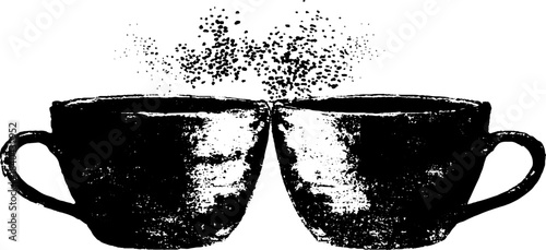 Black and white stencil of two mugs clinking with ink splatter for beverage celebration design