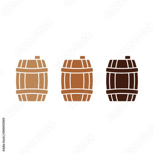 Wooden Barrel Icon Set – Rustic Wine Cask Storage Vector Collection