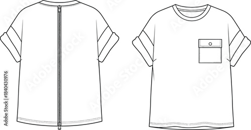 Women's Fashion Technical Flat Sketch of a Relaxed Fit T-shirt with Cuffed Short Sleeves, Chest Pocket, and Full-Length Zipper Opening at the Back.