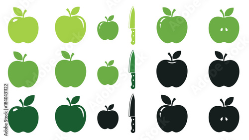 Apple Icon Color Set – Green and Black Fruit Silhouette Vector Collection