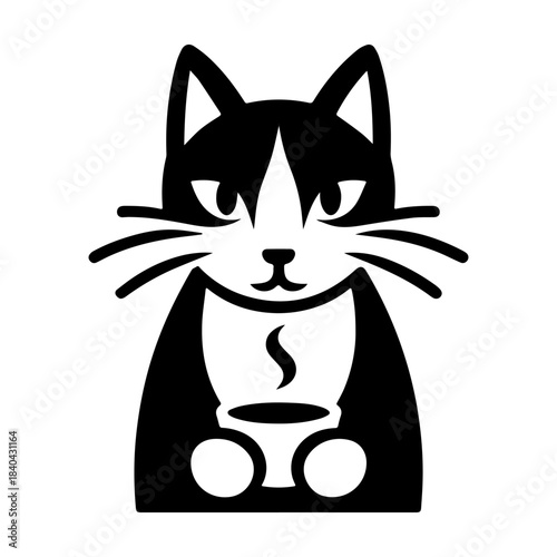 Cat with Coffee Cup: A Minimalist Black and White Design.
