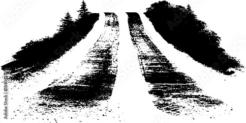 Rustic roadway stencil with parallel lines and natural surroundings for creative design