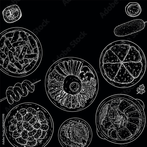 Korean food frame. Hand drawn top view Korean food dishes vector sketch illustration. Tteokbokki, bulgogi, bibimbap, pajeon, jjigae, kimchi, corn dog, odeng, kimbap.