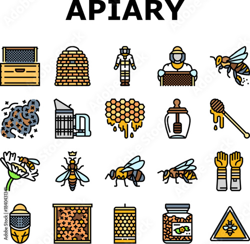 apiary beekeeping bees icons set vector