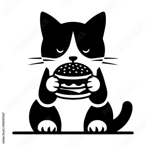 Cat Eating Burger Black And White Illustration.
