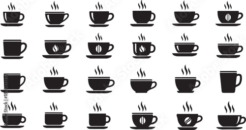Grid of black coffee cup and mug icons with steam saucer beverage