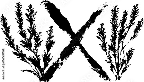 Black and white stencil illustration of underwater reeds for nature design
