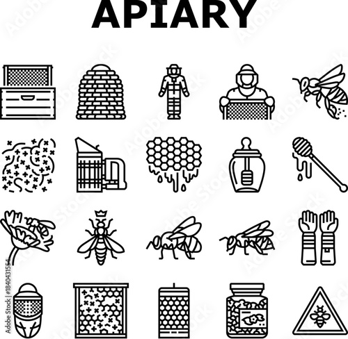apiary beekeeping bees icons set vector